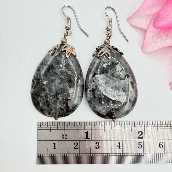Vintage Larvikite Teardrop Chunky Dangle Earrings Stone Rockhound Natural Gray - Picture 6 of 8